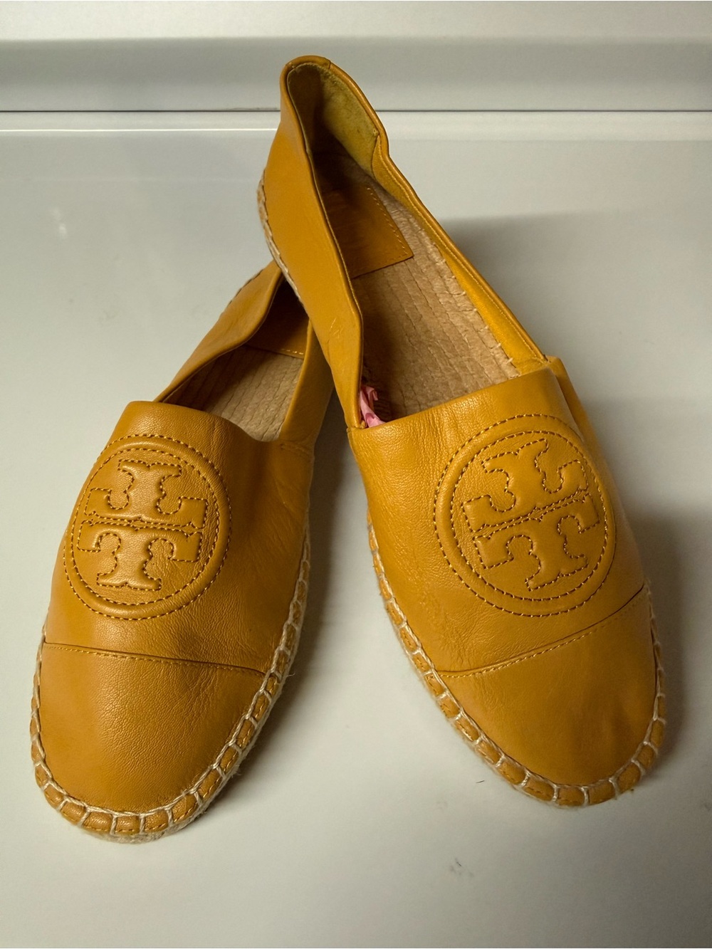 Tory Burch Leather Logo Espadrille Flats Mustard Yellow Women's 7.5